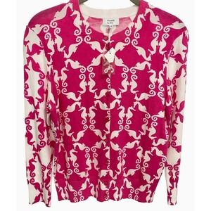 NWT Crown & Ivy Lightweight Button Cardigan Pink White Seahorse Print Sz S